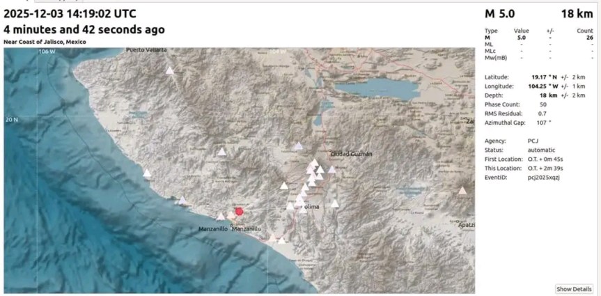Sismo se siente «ligeramente» en&nbsp;Jalisco.